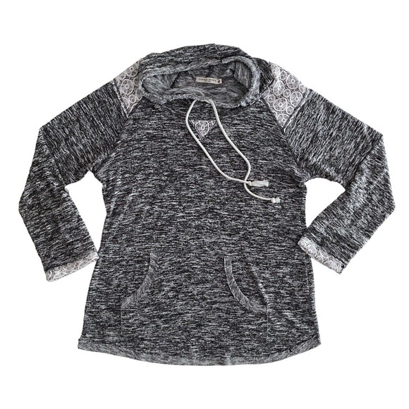 Chance or Fate XL Lightweight Sweater Hoodie Cowl Neck Gray Lace Roll up Sleeves - Picture 2 of 12